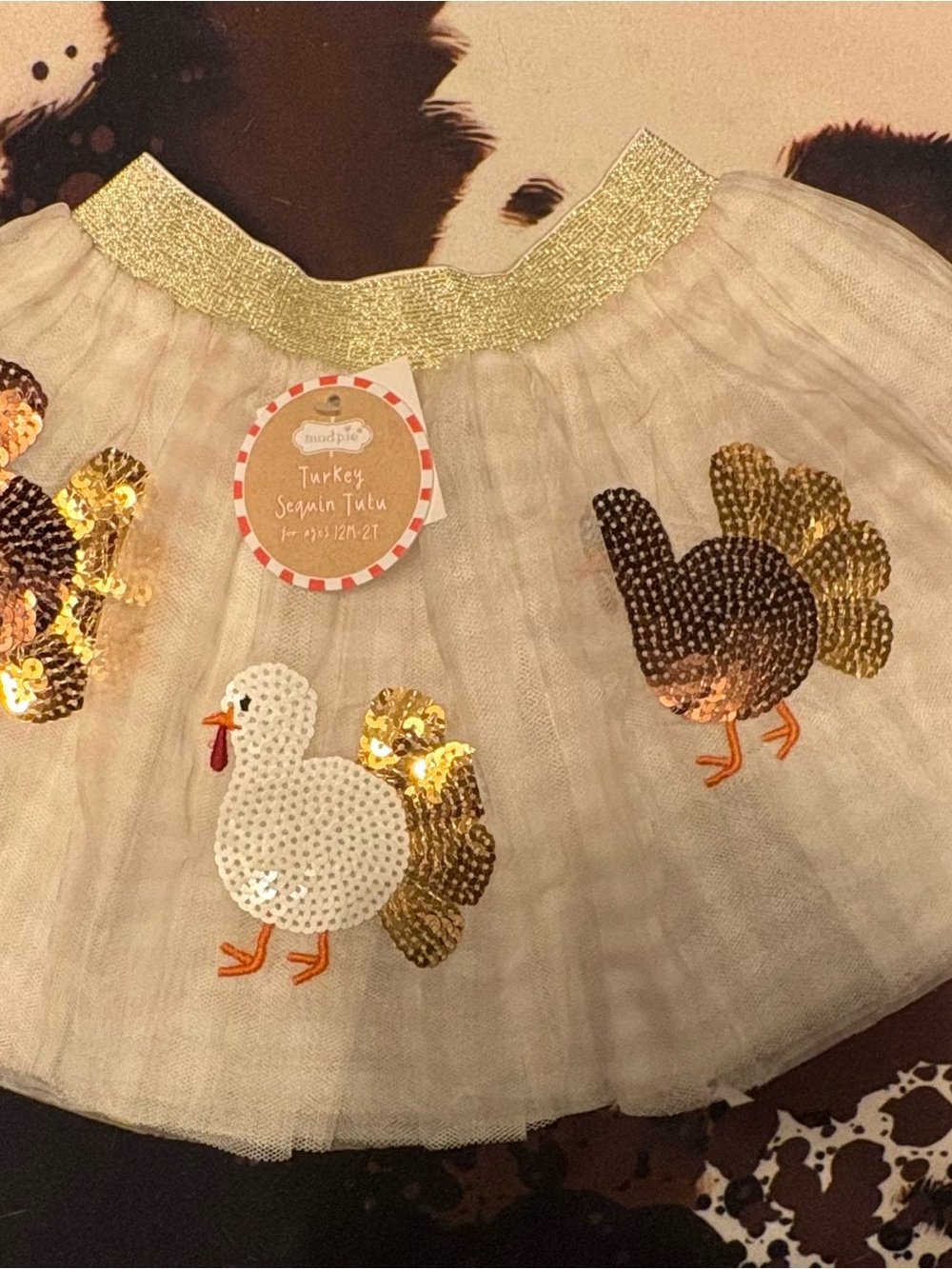 Mud Pie White Tulle Tutu Skirt with Gold Sequin Turkey Appliqués
